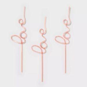 Spritz Heart Shaped Pink Love Script Straws 3ct Reusable Plastic Drinkware Party